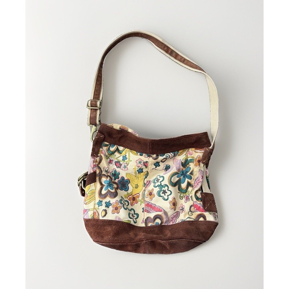 Lucky Brand Vintage Floral Canvas Suede Hobo Shoulder Bag Crossbody Boho Y2K